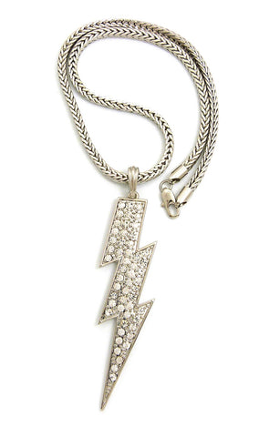 Colored Stone Lightning Bolt Pendant with 4mm 18" Franco Chain Necklace, Silver-Tone/Clear Stone