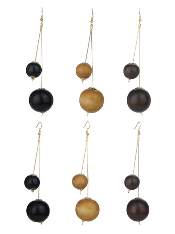 Women's Fashion Dual Wooden Ball Dangle Pierced Earrings Set, Black/Brown/Light Brown