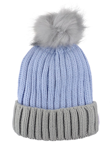 D&Y Rib Knit Beanie With Two Tone Cuff And Faux Fur Pom