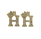 Stone Stud Tilted Crown Initial Pierced Earrings, H/Gold-Tone