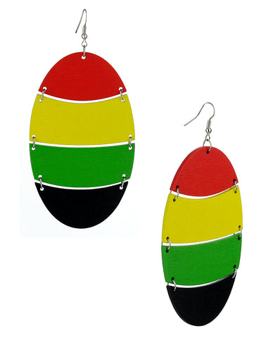 Women's Rasta Linked Shape Wood Pierced Dangle Earrings, Oval