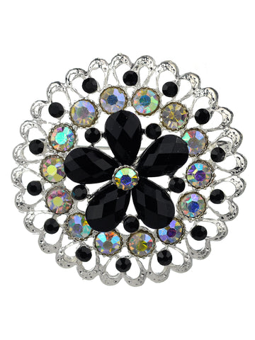 NYFASHION101 Elegant Formal Star Flower Rhinestone Studded Round Brooch Pin, Black/Silver-Tone
