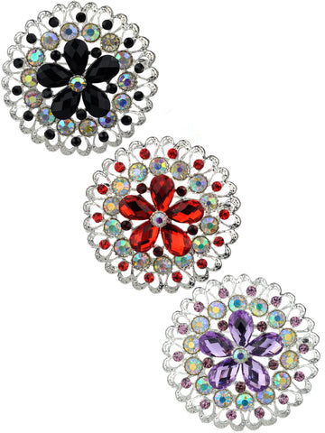 NYFASHION101 Elegant Formal Star Flower Rhinestone Studded Round Brooch Pin Set, Black/Red/Amethyst/Silver-Tone