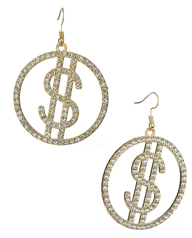 Women's Stone Stud Encircled Dollar Sign Money Symbol Dangle Pierced Earrings, Clear/Gold-Tone