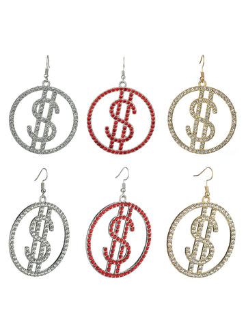 Women's Stone Stud Encircled Dollar Sign Money Symbol Dangle Pierced Earrings Set, Silver-Tone/Red/Gold-Tone