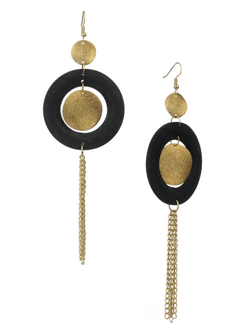 Women's Hammered Glitter Circle Wood Dangle Pierced Earrings, Black