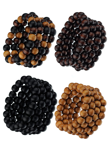 Women's Stackable 4 Piece Wood Bead Fashion Stretch Bracelet Set, Black/Brown/Light Brown/Mix