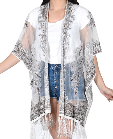 Women's Paisley Burnout Tassel Ends Sheer Shawl Cardigan, White