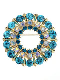NYFASHION101 Elegant Formal Multi Size Rhinestone Studded Round Brooch Pin, Turquoise/Gold-Tone