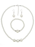 Women's Simulated Pearl with Stone Stud Bead Necklace Bracelet and Dangle Earring Set, Silver-Tone