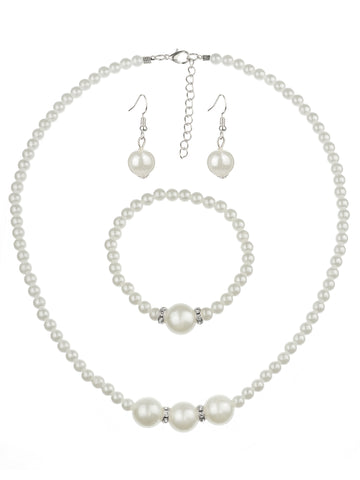 Women's Simulated Pearl with Stone Stud Bead Necklace Bracelet and Dangle Earring Set, Silver-Tone