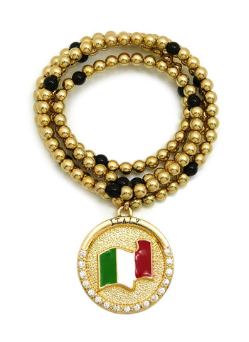 Stone Stud Waving Flag Medal Pendant with 6mm 30" CCB Bead Necklace in Gold-Tone, Italy