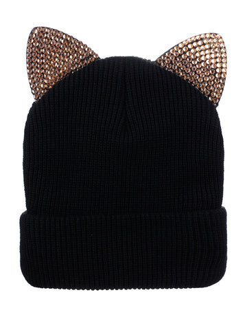 D&Y Women's Winter Gold-Tone Rhinestone Cute Cat Ear Cuffed Knit Beanie Hat