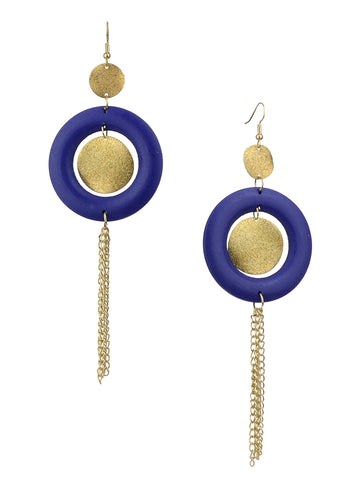 Women's Hammered Glitter Circle Wood Dangle Pierced Earrings, Royal