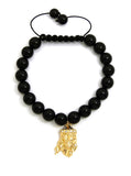 Stone Stud Realistic Jesus Face Charm with Adjustable 10mm Black Stone Bead Bracelet, Gold-Tone