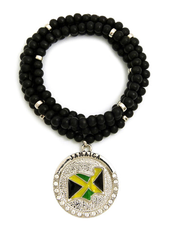 Stone Stud Jamaica Waving Flag Medal Pendant with 6mm 30" Wood Bead Color Disc Necklace, Black Wood/Silver-Tone