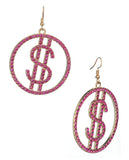 Women's Stone Stud Encircled Dollar Sign Money Symbol Dangle Pierced Earrings, Pink/Gold-Tone