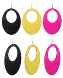 Women's Large Oval Flat Wood Dangle Pierced Earrings 3 Pair Set, Black/Yellow/Hot Pink