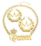 Stone Stud Crowned Queen Pendant Necklace with Crown Charm Bamboo Hoop Earrings Jewelry Set