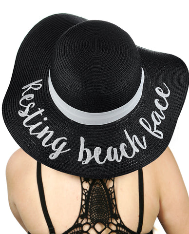 C.C Women's Paper Weaved Crushable Beach Embroidered Quote Floppy Brim Sun Hat, Resting Beach Face