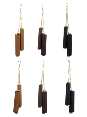 Women's Wood Cylinder Mini Stone Stud Ends Link Chain Dangle Pierced Earrings Set, Black/Brown/Hot Pink