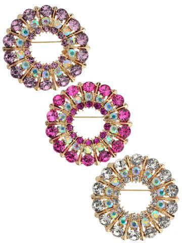 NYFASHION101 Elegant Formal Multi Size Rhinestone Studded Round Brooch Pin Set, Amethyst/Hot Pink/Clear/Gold-Tone