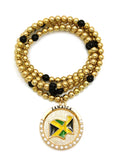 Stone Stud Waving Flag Medal Pendant with 6mm 30" CCB Bead Necklace in Gold-Tone
