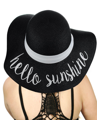 C.C Women's Paper Weaved Crushable Beach Embroidered Quote Floppy Brim Sun Hat, Hello Sunshine