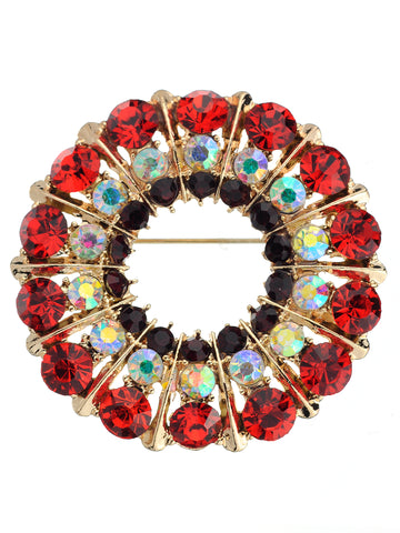 NYFASHION101 Elegant Formal Multi Size Rhinestone Studded Round Brooch Pin, Red/Gold-Tone