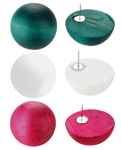 Women's Fashion Chic Wood Ball Stud Pierced Earrings 3 Pair Set, Teal/White/Pink