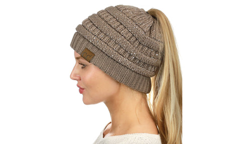 C.C Sparkly Sequin Cable Knit Messy High Bun Ponytail Beanie