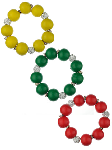 Women's Wood Round Ball Shamballa Fashion Stretch Bracelet Set, Yellow/Green/Red