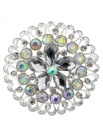 NYFASHION101 Elegant Formal Star Flower Rhinestone Studded Round Brooch Pin, Clear/Silver-Tone