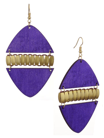 Women's Linked Rounded Diamond Shape Wood Dangle Pierced Earrings, Purple