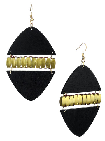 Women's Linked Rounded Diamond Shape Wood Dangle Pierced Earrings, Black