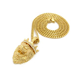Stone Stud Crown King Lion Pendant w/ 3mm 24" Concave Cuban Chain Necklace in Gold-Tone