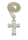 Stone Stud Praying Hands on Heraldic Cross Pendant w/6mm 36" Cuban Chain Necklace, Silver-Tone