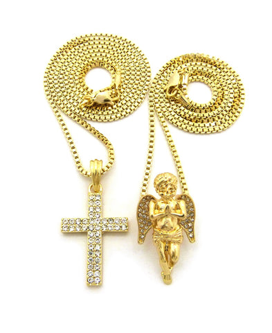 Stone Stud Praying Angel & 2 Row Cross Pendant Set w/ 2mm 24" & 30" Box Chain Necklaces in Gold-Tone