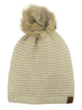 C.C Horizontal Knit Faux Fur Pom Back Drawstring Slouch Beanie Hat
