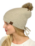 C.C Horizontal Knit Faux Fur Pom Back Drawstring Slouch Beanie Hat