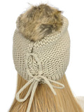 C.C Horizontal Knit Faux Fur Pom Back Drawstring Slouch Beanie Hat