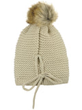 C.C Horizontal Knit Faux Fur Pom Back Drawstring Slouch Beanie Hat