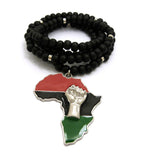 Power Fist on Pan Africa Continent Pendant with 8mm 36" Black Wooden Bead & Metal Disc Necklace