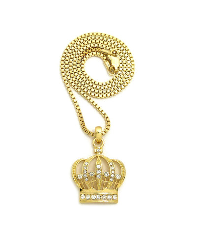 Stone Stud Hollow Royal Crown Pendant with 2mm 24" Box Chain Necklace