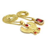 Ruby Red Stone & Ruby Red Round Gemstone Horus Falcon Pendant Set w/ Box Chains in Gold-Tone