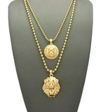 Solid Narrow Lion Head Medal & 3D Lion Head Pendant Set 2mm 24" & 30" Ball Chain Necklace in Gold-Tone