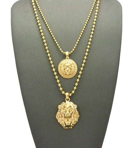 Solid Narrow Lion Head Medal & 3D Lion Head Pendant Set 2mm 24" & 30" Ball Chain Necklace in Gold-Tone
