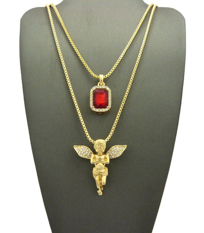 Stone Stud Extended Wing Praying Angel Set w/ 24" & 30" Gold-Tone Box Chain Necklaces