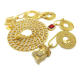 Ruby Red Stone, Praying Angel, King Lion, Jesus Face Pendant w/ Gold Plated Cubic Zirconia Stone Chain