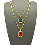 Micro Faux Ruby & Faux Emerald Stone Pendant Set 2mm 24" & 30" Box Chain Necklace in Gold-Tone
